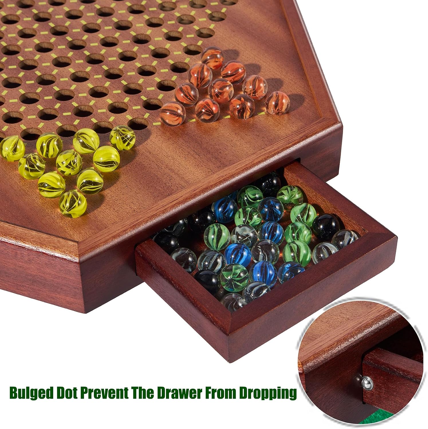 Detalle 2 de VAMSLOVE Chinese Checkers 15" wooden board with 72 marbles ๐ฒ