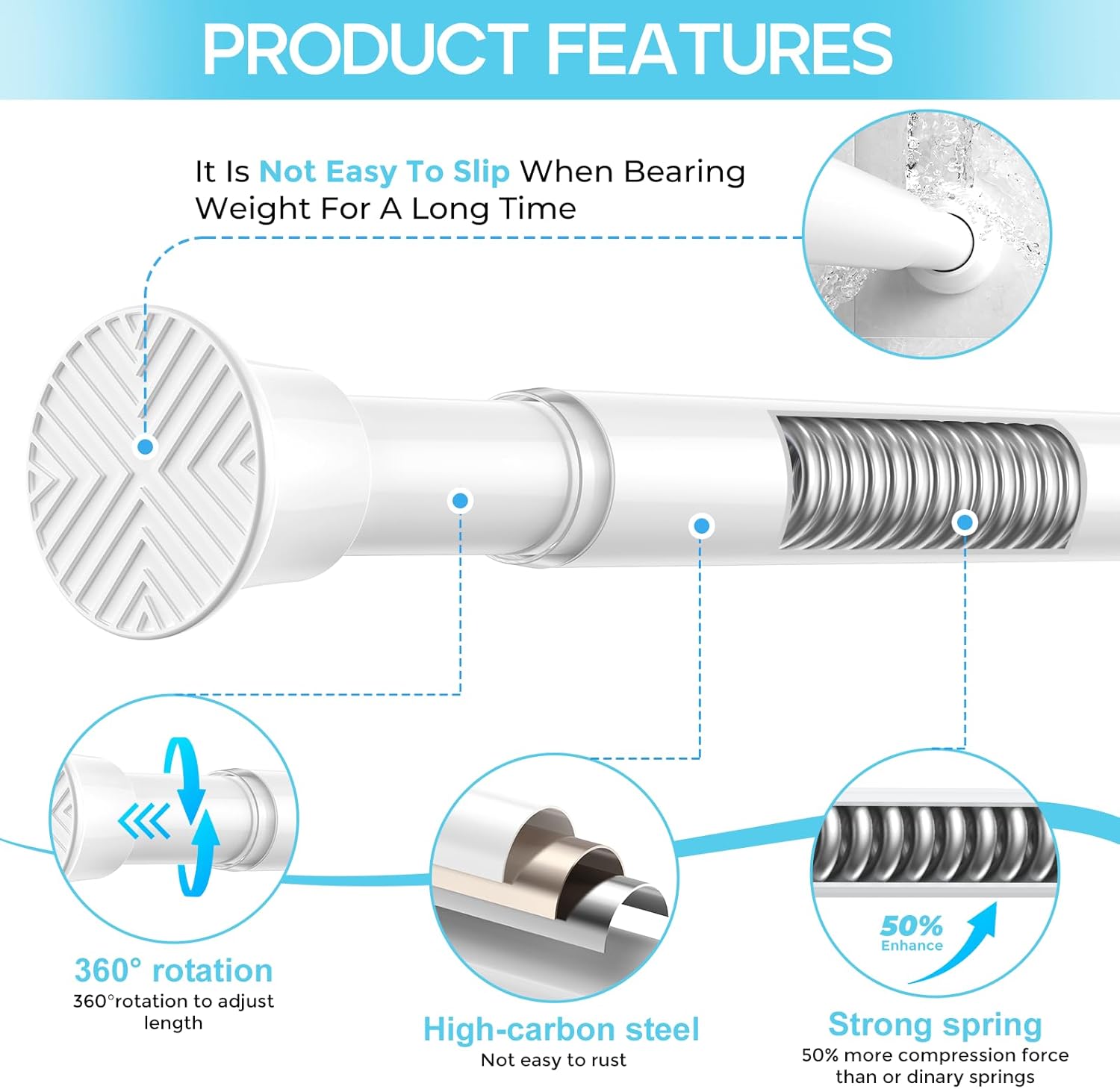 Thumbnail 1 de ZipGlo Zipglo Extendable Curtain Pole (59–120 cm) – tension rod for shower curtains, bathroom, windows & more, white