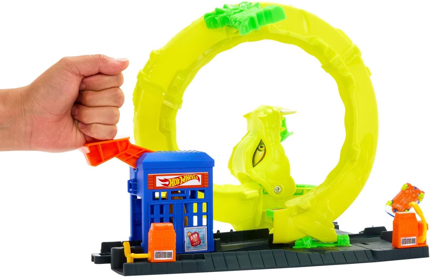 Detalle de Hot Wheels JBM63 Snake Gas Station Playset with 1:64 Car and Corkscrew Loop