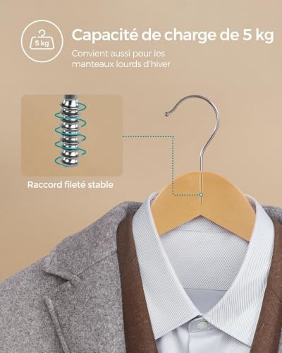 Detalle de SONGMICS Cintres en bois massif, Lot de 20 avec encoches antiglisse et crochets pivotants