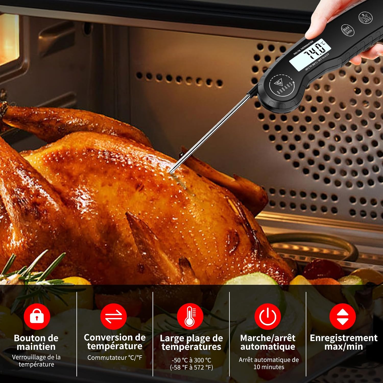 Detalle 1 de DOQAUS CP7 Pro keukenthermometer met inklapbare sonde en verlicht lcd-display
