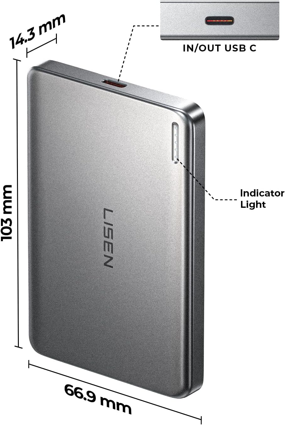 Detalle 2 de LISEN 10,000mAh MagSafe Power Bank, Wireless Charging, Glacier Gray