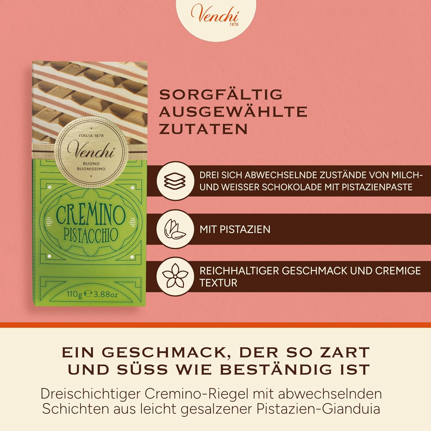 Thumbnail 3 de Venchi Tafel Cremino Pistazie (110 g) – dreischichtige Schokoladentafel mit Pistazienpaste, glutenfrei