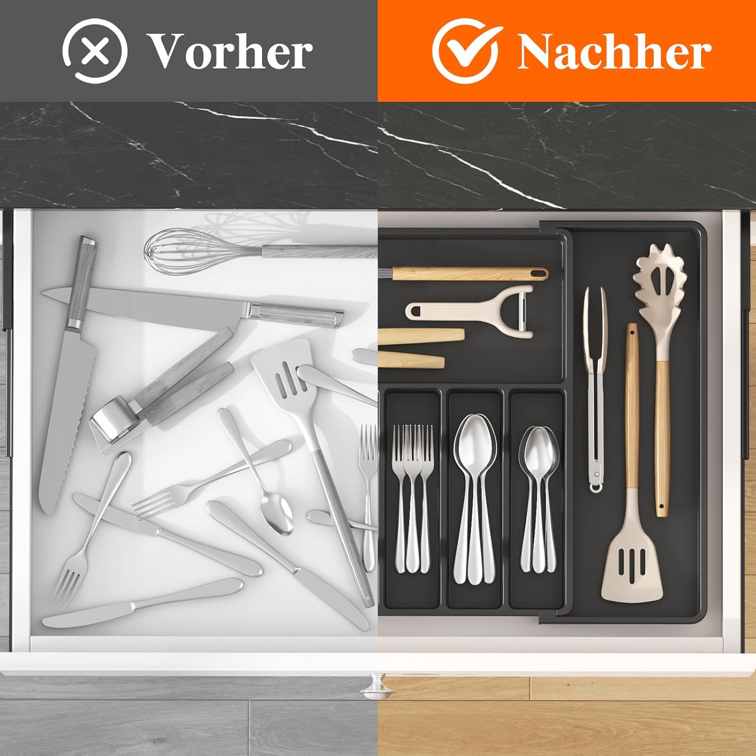 Thumbnail 5 de Lifewit Besteckkasten für Schubladen 40–50, verstellbarer Organizer mit 6–8 Fächern bis 69 cm, Schwarz (Tiefe 47 cm)