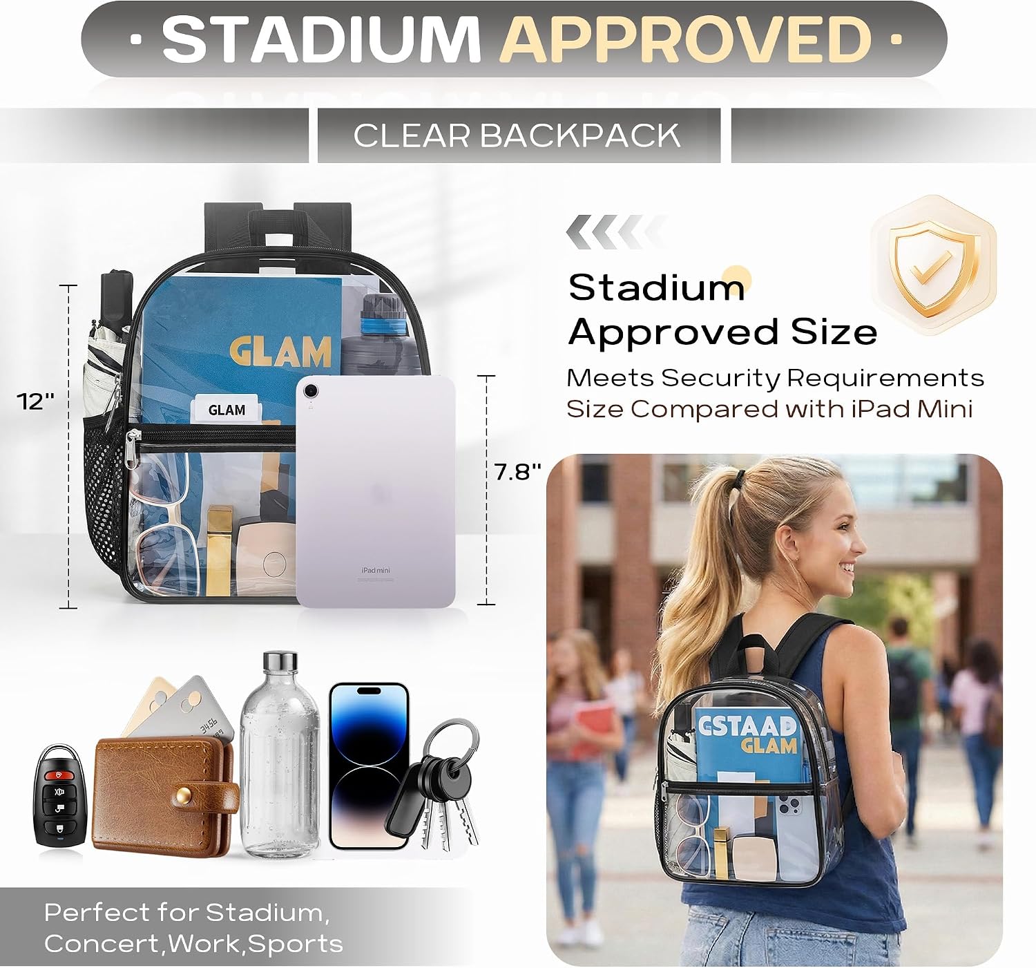 Thumbnail 1 de Oraben Clear Backpack Stadium Approved (12 x 6 x 11 in) — Small Transparent PVC Bag for Events & Travel