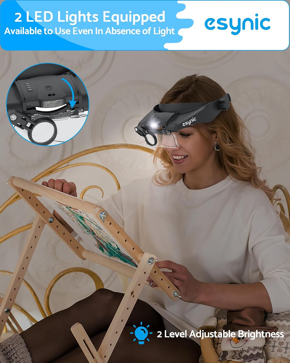 Detalle de eSynic Head Magnifying Glass with LED Light: A Practical 5-Lens Headband Magnifier for Reading and Crafts