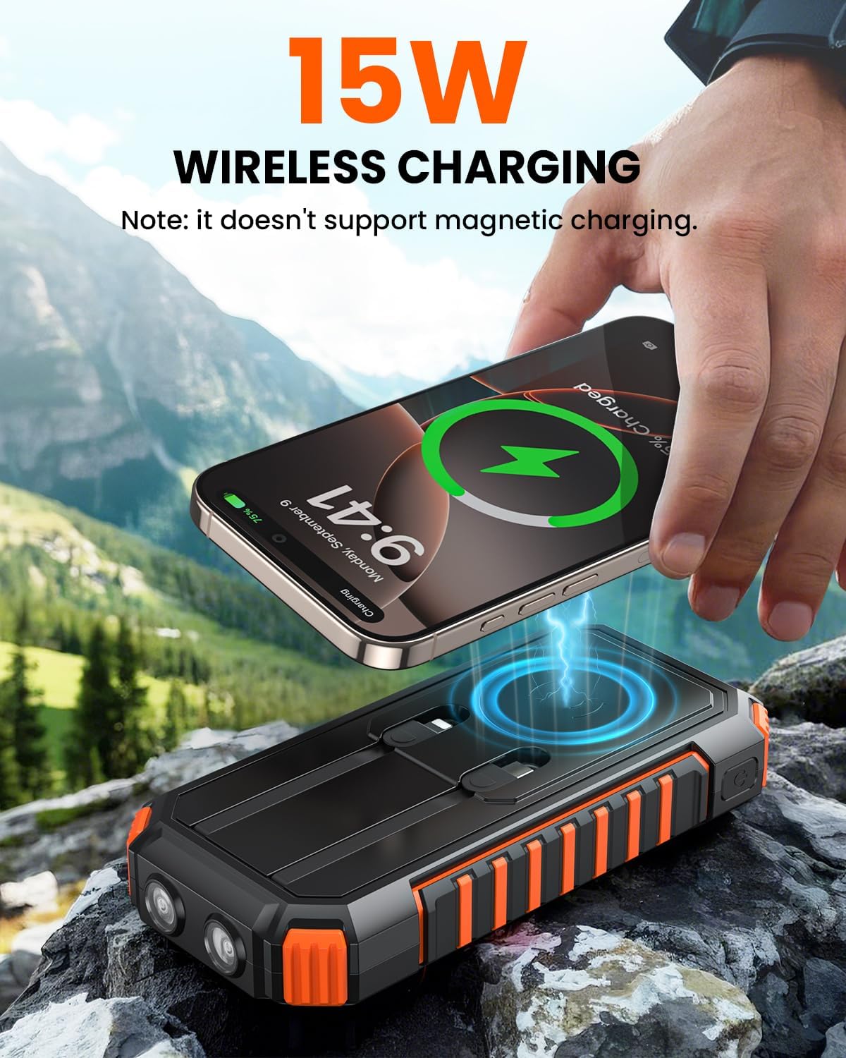 Thumbnail 4 de Riapow Solar Power Bank 20000mAh: 22.5W Wireless Solar Charger with Built-in Cables