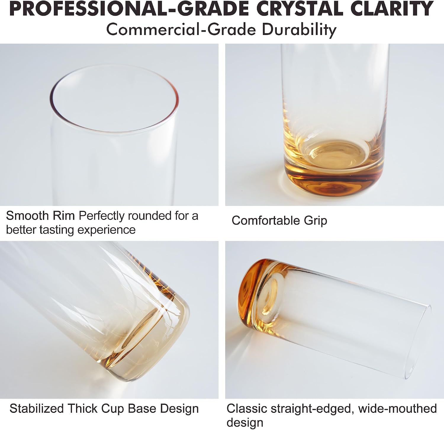 Detalle de GLAZVIA Amber Highball Glasses, Set of 6, 13oz, Dishwasher-Safe