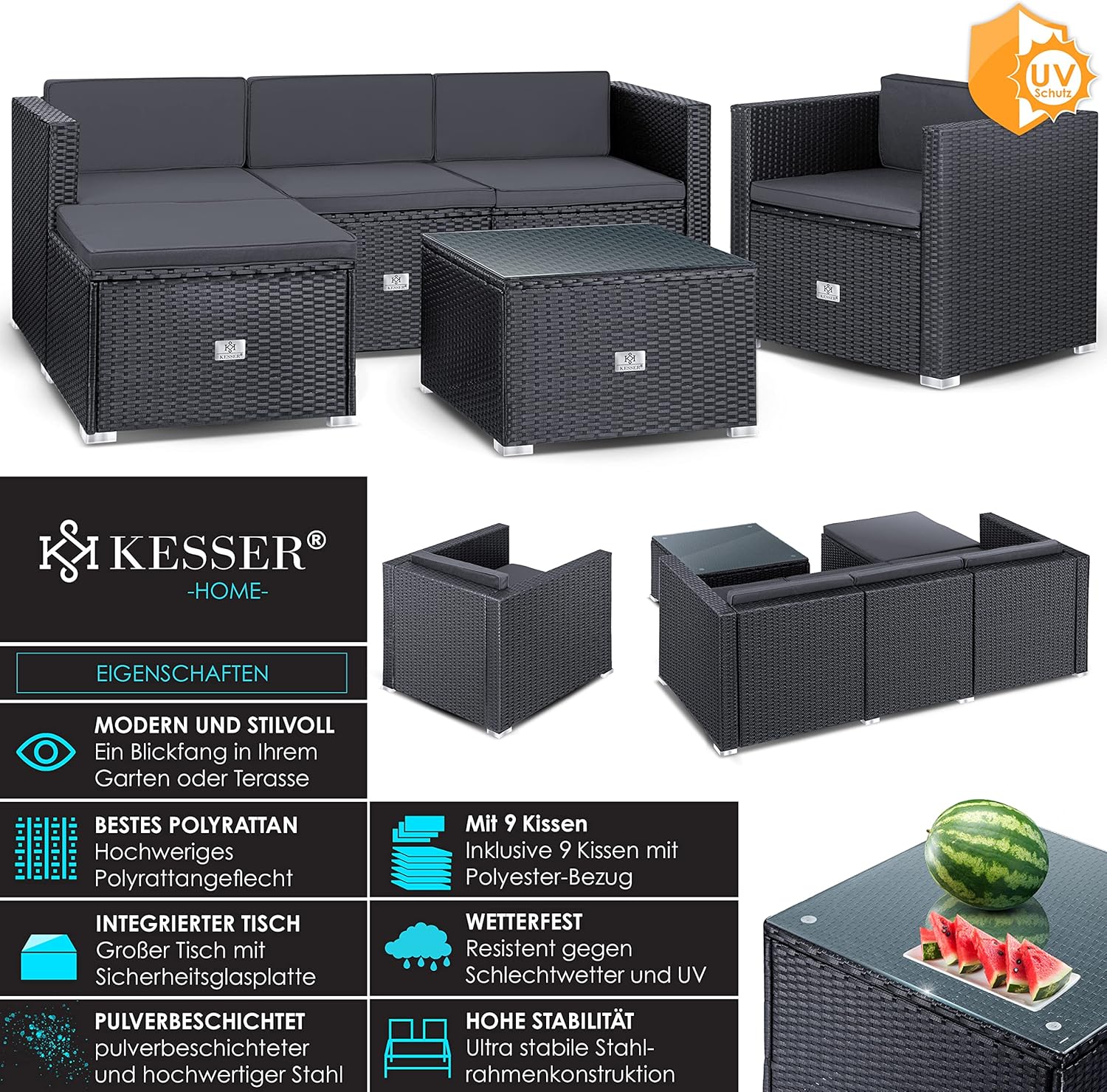 Detalle 2 de KESSER® Polyrattan Lounge Aruba – Gartenlounge-Set für 4–5 Personen, Anthrazit