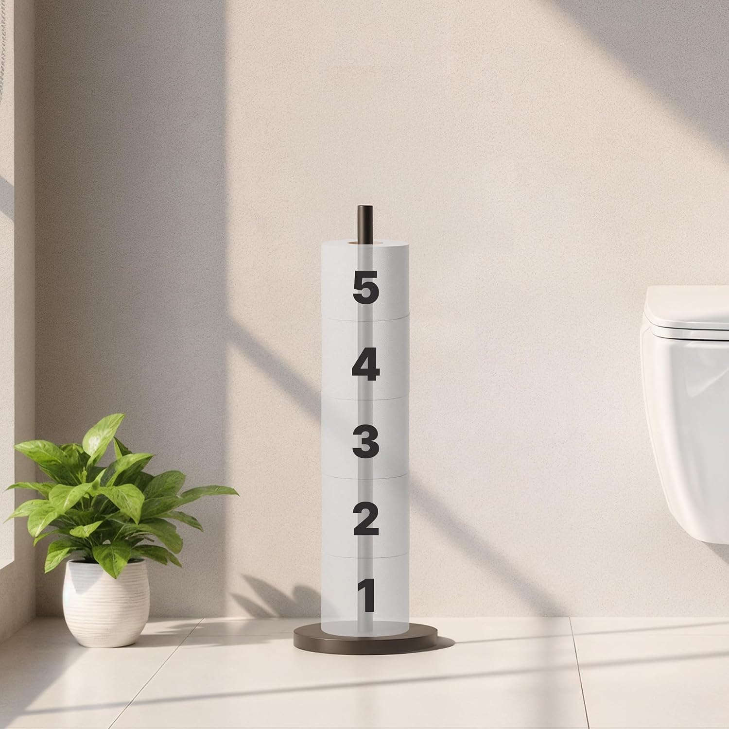 Detalle de Minismus Toilettenpapierhalter stehend – Edelstahl, kippsicherer Stand, Platz für 5 Ersatzrollen