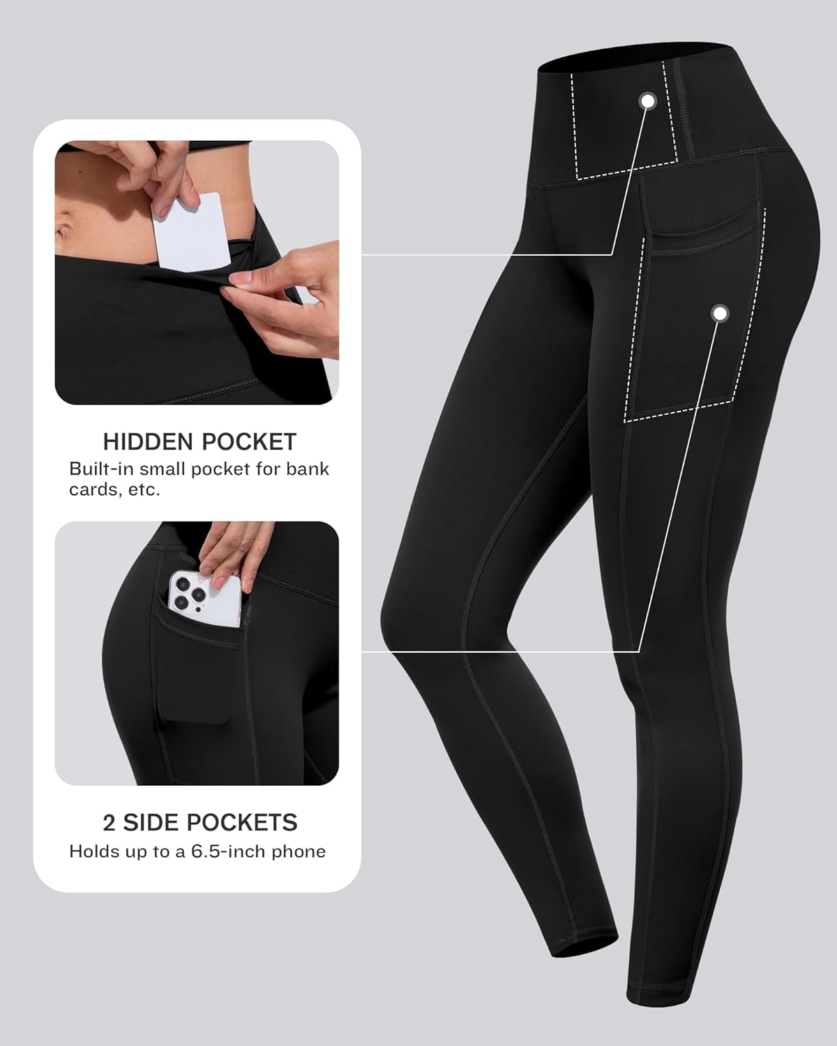 Thumbnail 2 de CHRLEISURE Leggings with Pockets for Women — High Waisted, Tummy Control, 3-Pack