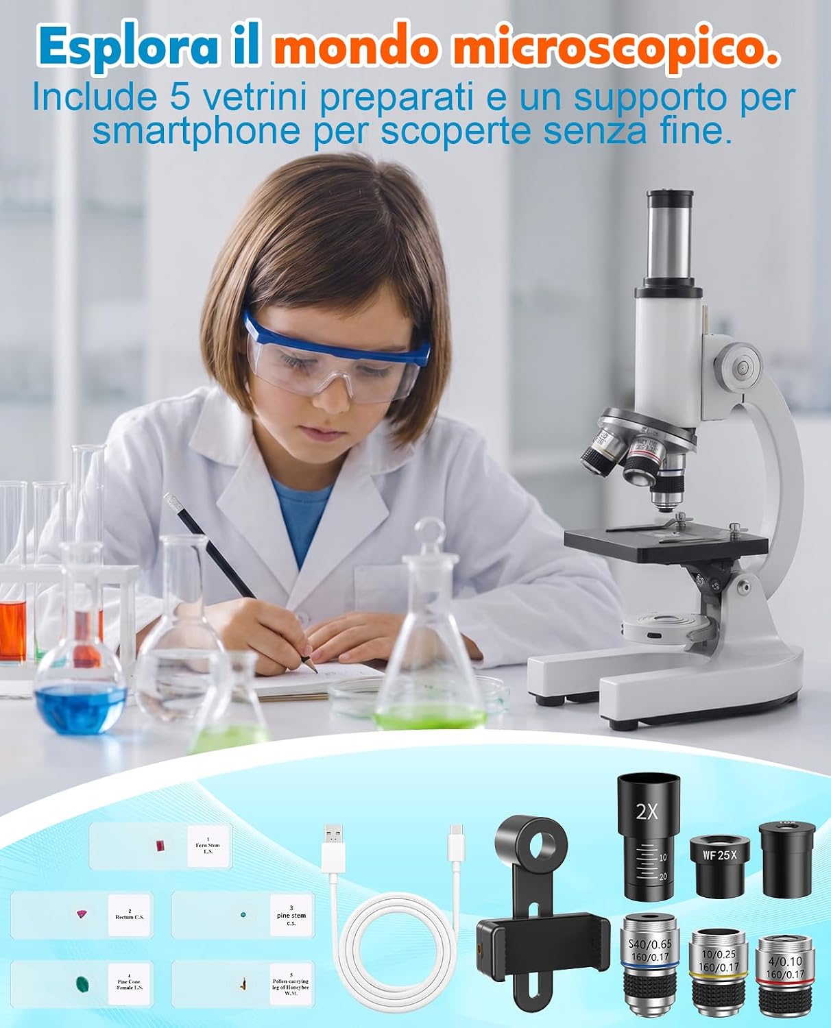 Detalle de Microscopio 2000X per Bambini, Studenti e Adulti — Kit professionale in metallo con vetrini e supporto per phone