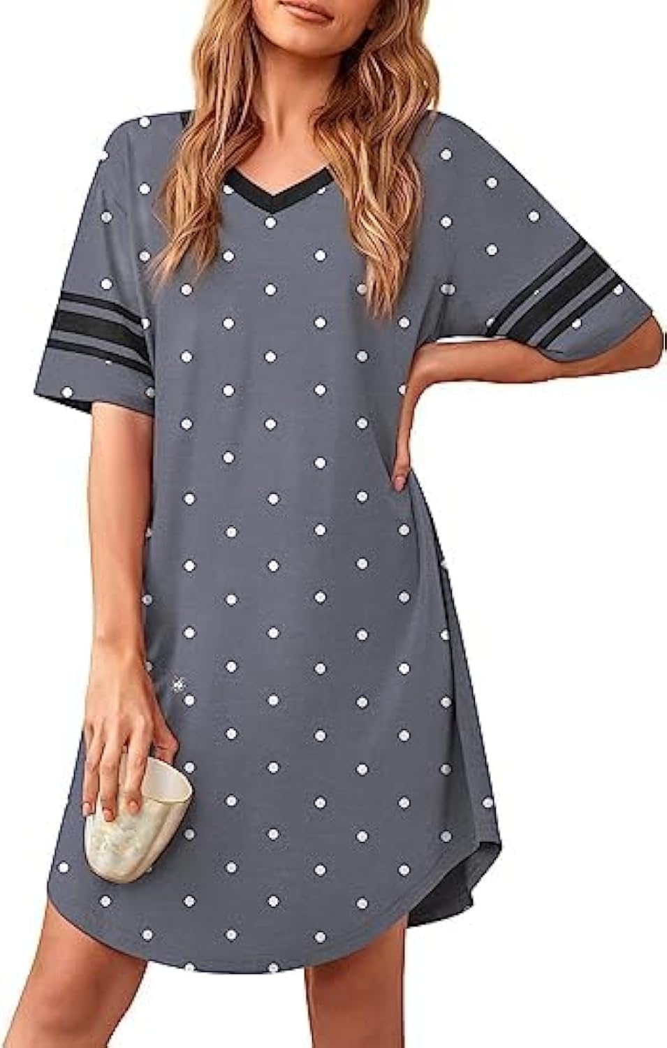 Detalle de Actcat Damen Nachthemd Sexy Schlafshirt mit V-Ausschnitt – weiches Baumwollmischgewebe, Kurzarm, knie-lang