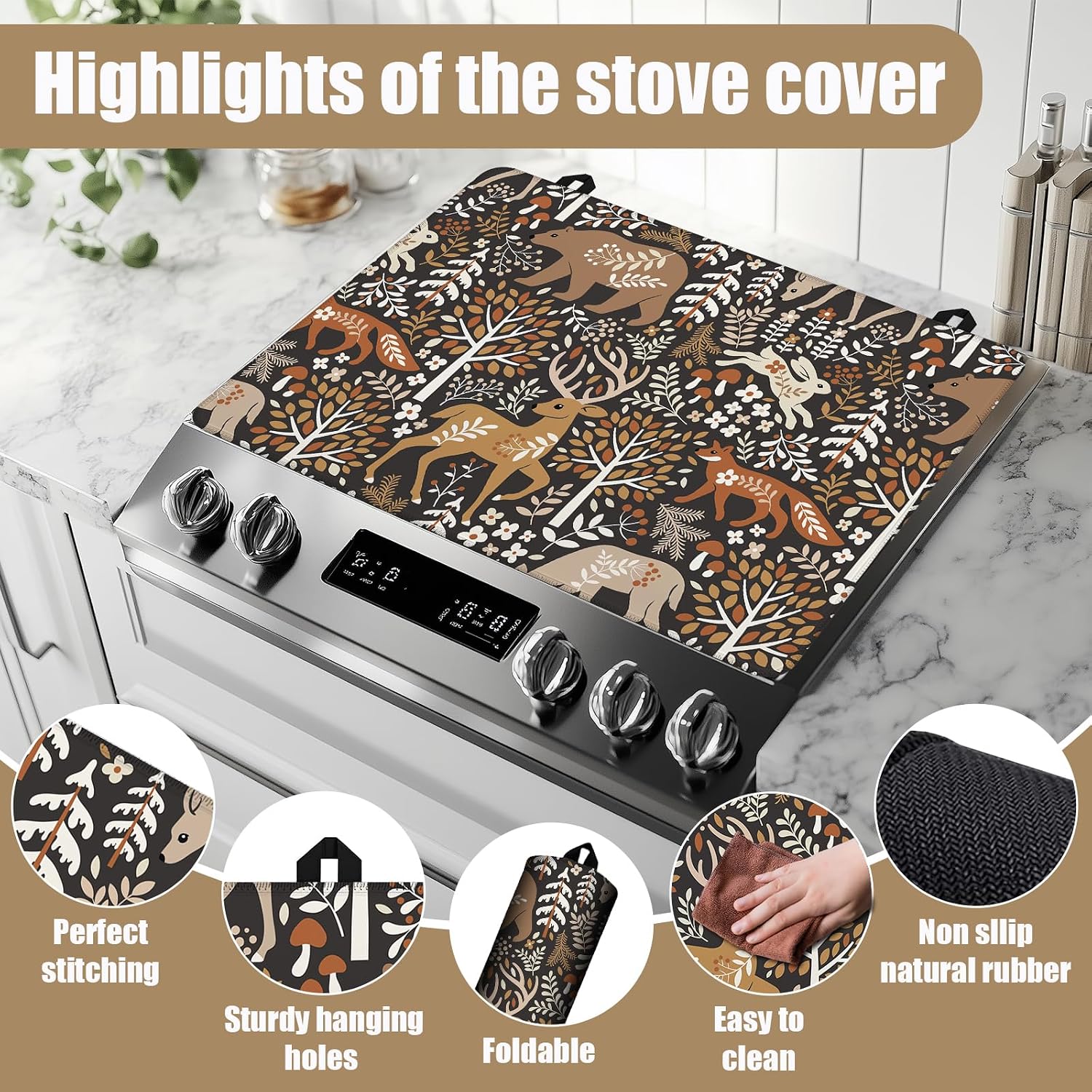 Detalle de GANTINIR Bear Deer Forest Stove Top Cover, Natural Rubber, 28 x 20 Inches