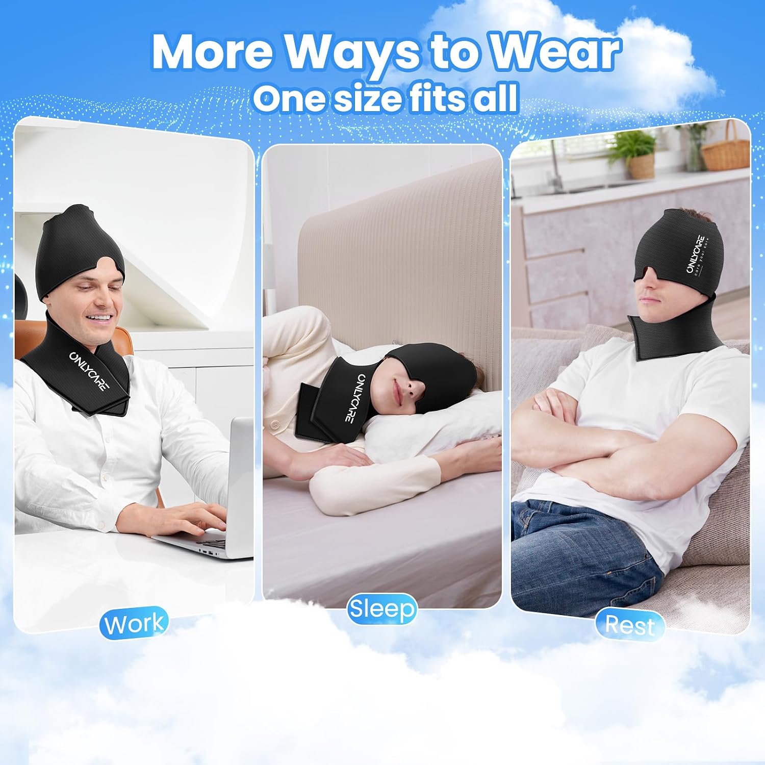 Detalle 1 de ONLYCARE Migraine Relief Cap and Neck Ice Pack Set, Reusable Hot/Cold Gel Wraps