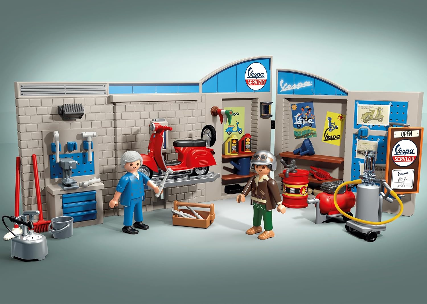 Thumbnail 2 de PLAYMOBIL Cars 71620 Vespa Garage – 60er Jahre Werkstatt mit Hebebühne und 88-teiligem Zubehör
