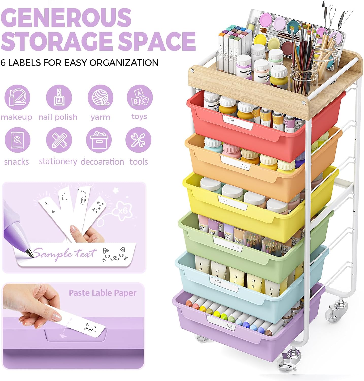 Detalle 1 de SYKIARIOL 1431+1233+1432 6-Drawer Rolling Storage Cart with Labels
