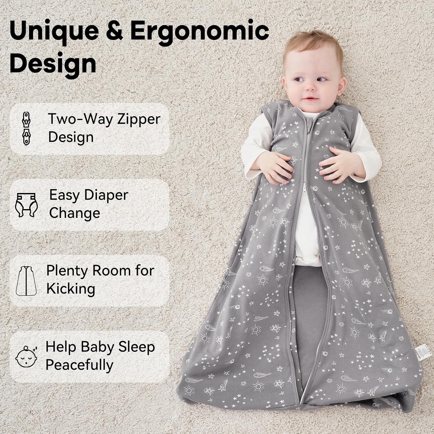 Detalle de Unnivoll Baby-Sommerschlafsack 3er Pack 0,5 Tog – 100% Baumwolle, 67 cm