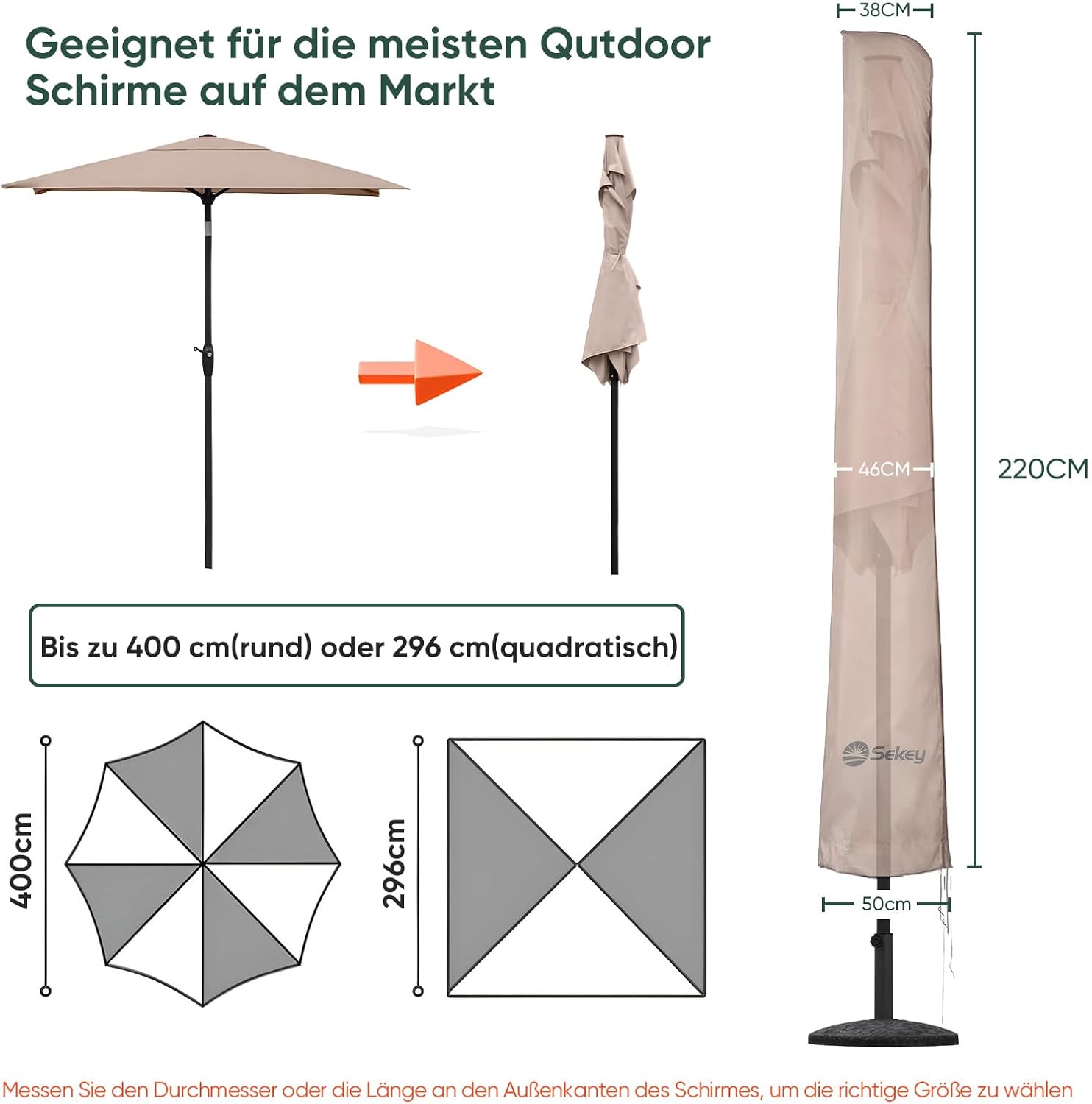 Thumbnail 1 de Sekey Housse de Parasol avec Tige et Capuchon – Ø350 cm / 200x300 cm, Polyester étanche