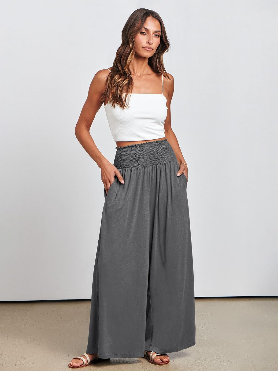 Detalle de ANRABESS Women Palazzo Pants: Boho Summer Wide-Leg Comfort with Pockets