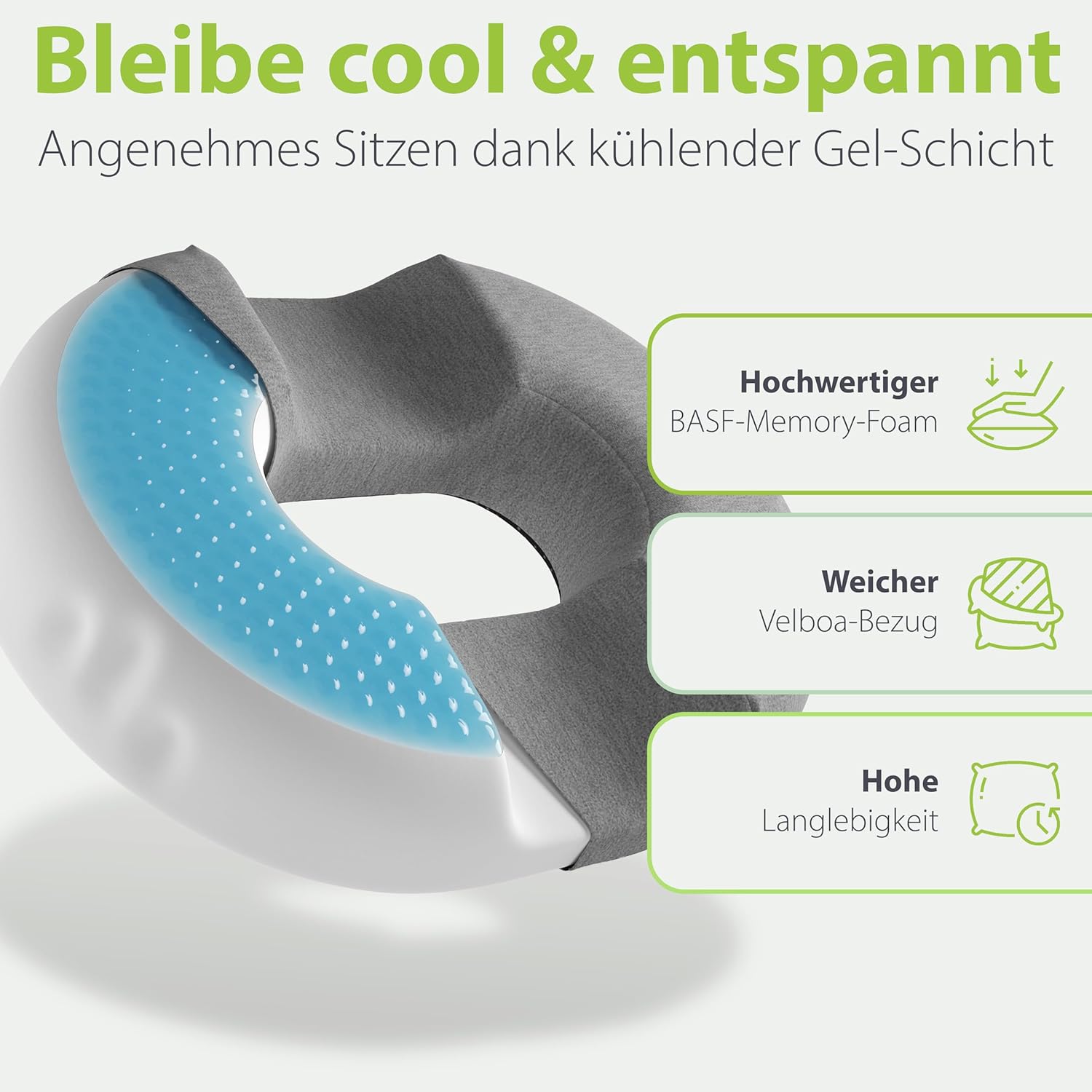 Detalle de feela.® Orthopädischer Sitzring mit Loch, 3 Härtegrade – Kühlgel-Memory-Schaum für Hämorrhoiden & Entlastung