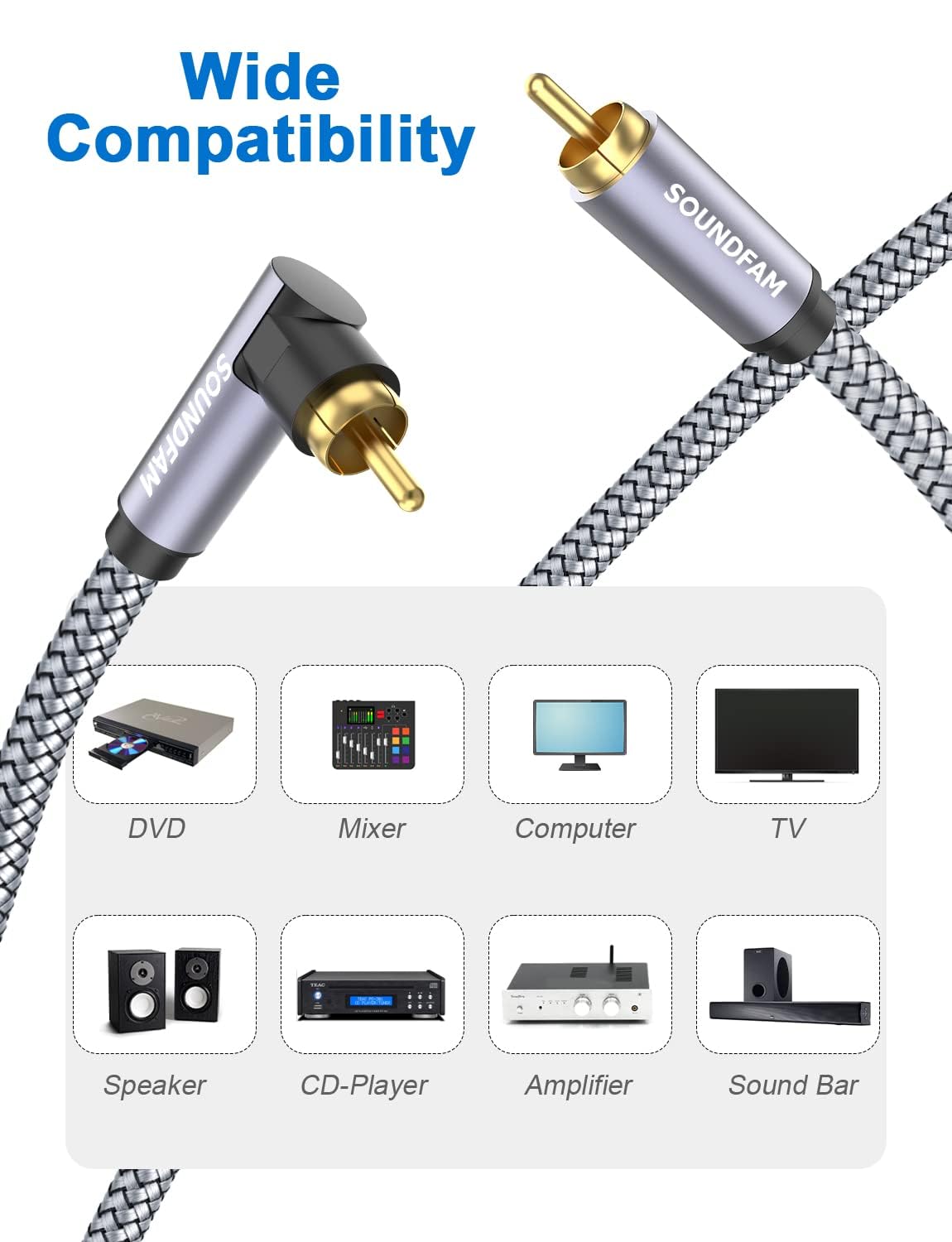 Detalle 2 de SOUNDFAM Subwoofer Kabel 90° Cinch – Kabel für Wandmontage, 2 m, RCA Subwooferkabel mit 90-Grad Steckern