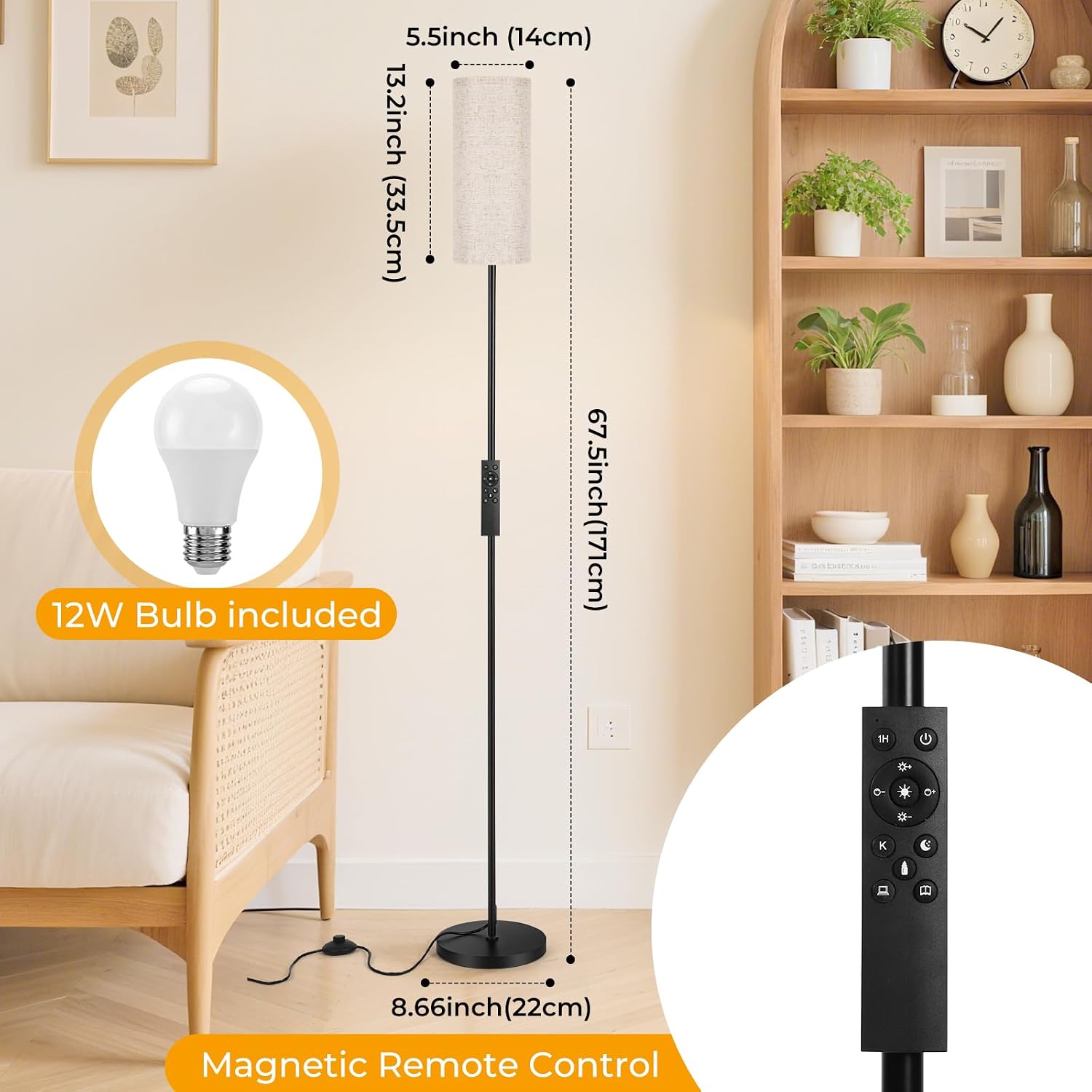 Detalle 2 de YICAIZI Stehlampe 171,5 cm dimmbar mit Beige Lampenschirm, 12W E27, Fernbedienung & Fußschalter