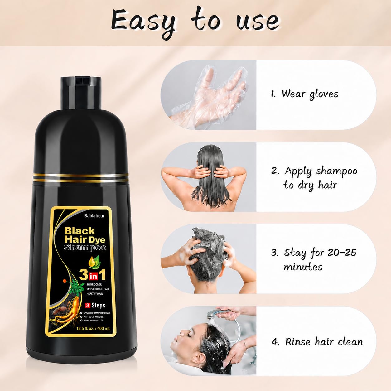 Detalle de Bablabear Black Hair Dye Shampoo 500ml ๐โ