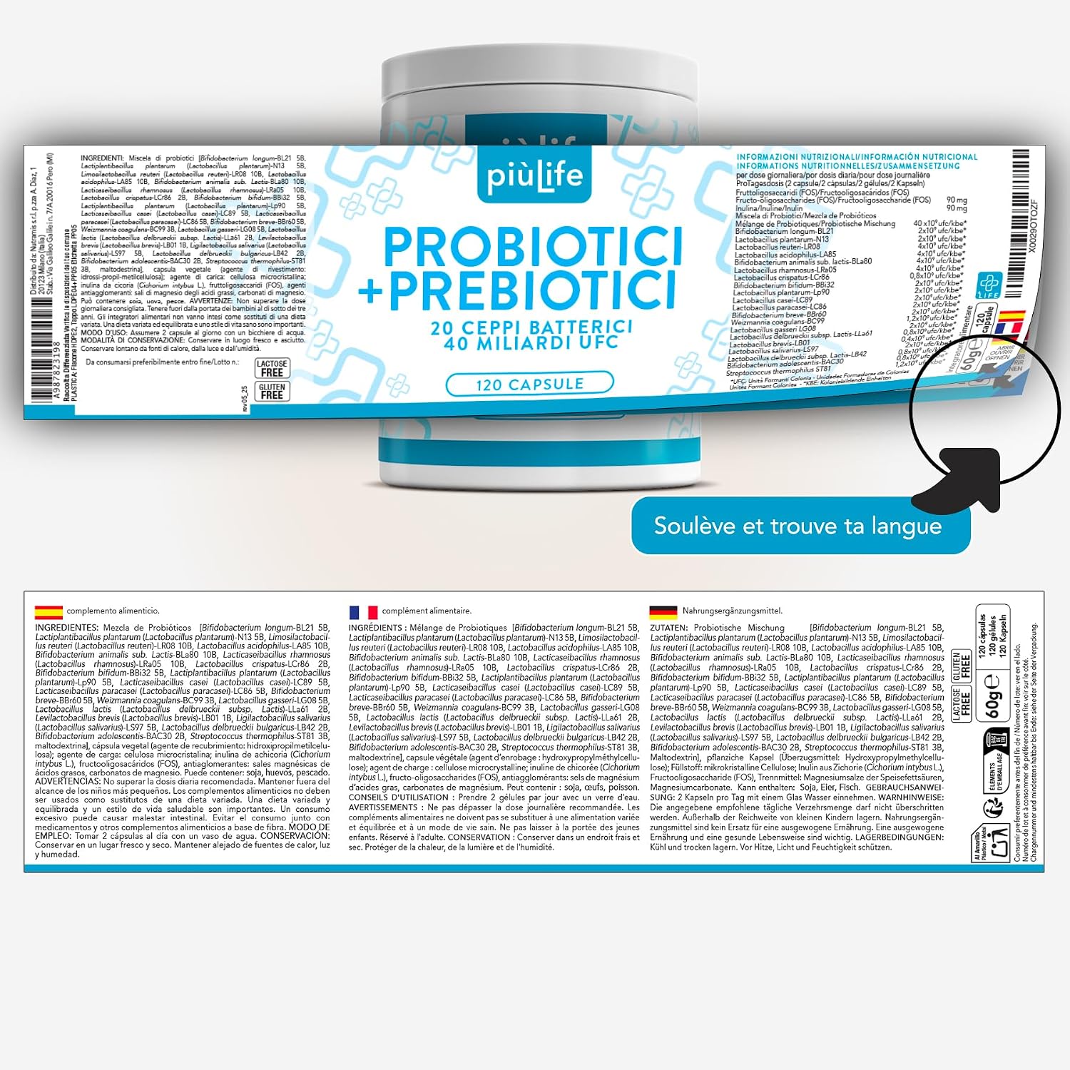 Thumbnail 6 de Probiotique Flore Intestinale PiùLife : 120 gélules avec 40 milliards UFC et 20 souches