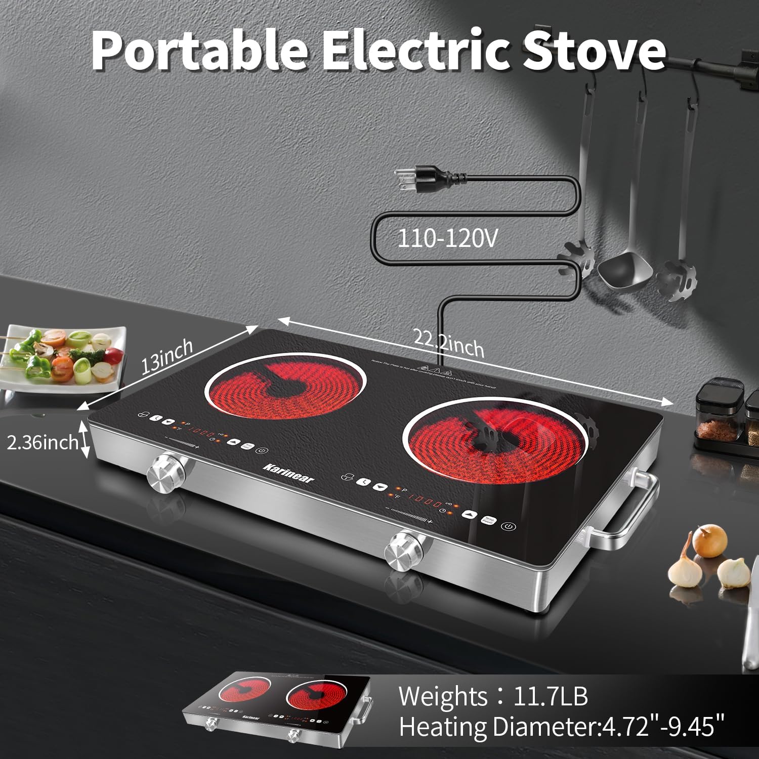 Detalle de Karineer 2 Burner Electric Cooktop 110V — Portable 24-Inch Ceramic Countertop Stove