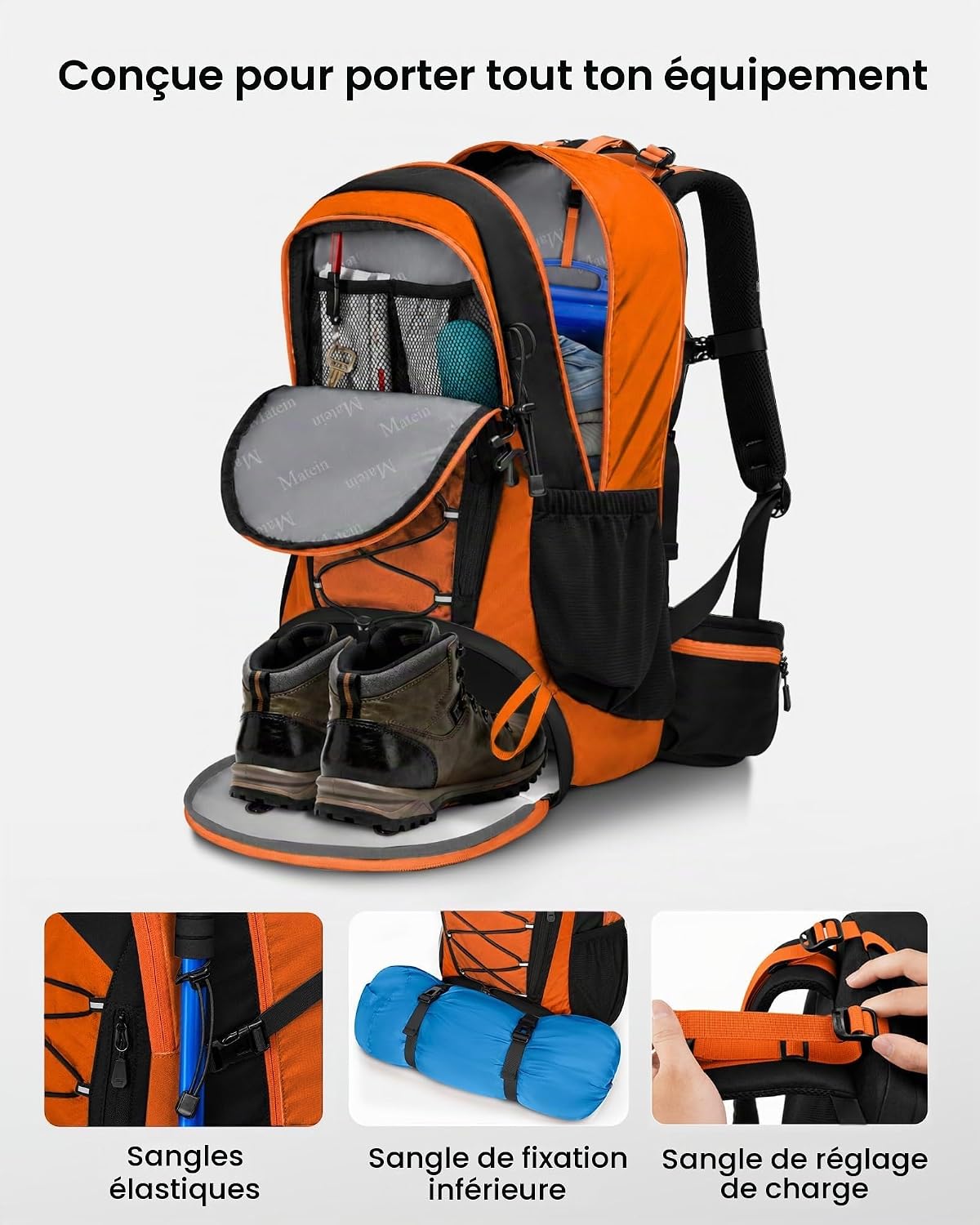 Detalle 2 de MATEIN-wandelrugzak van 40 liter met schoenenvak en regenhoes