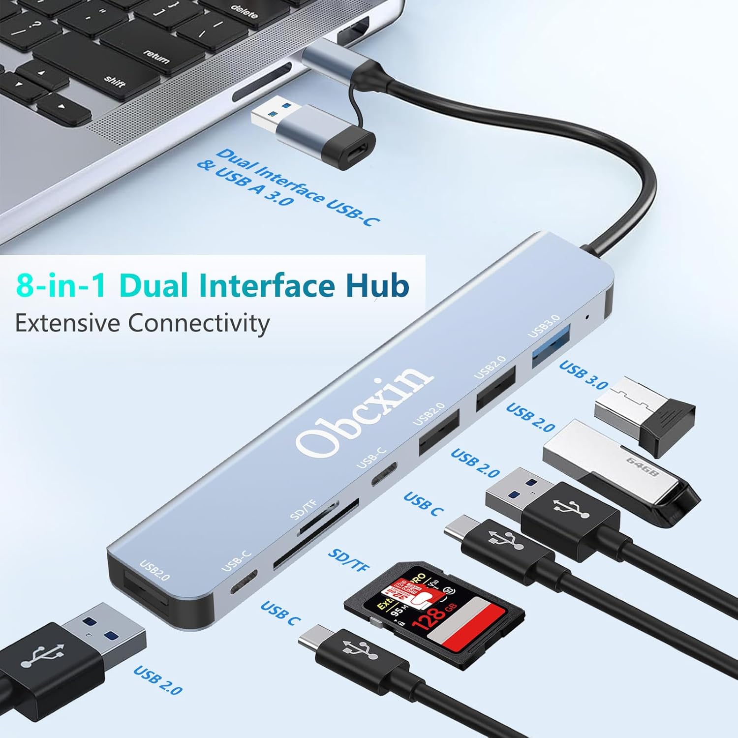 Thumbnail 1 de Obcxin USB‑C Hub 8‑in‑2: USB 3.0, 2× USB 2.0 und SD/TF für MacBook, iPad Pro & Surface