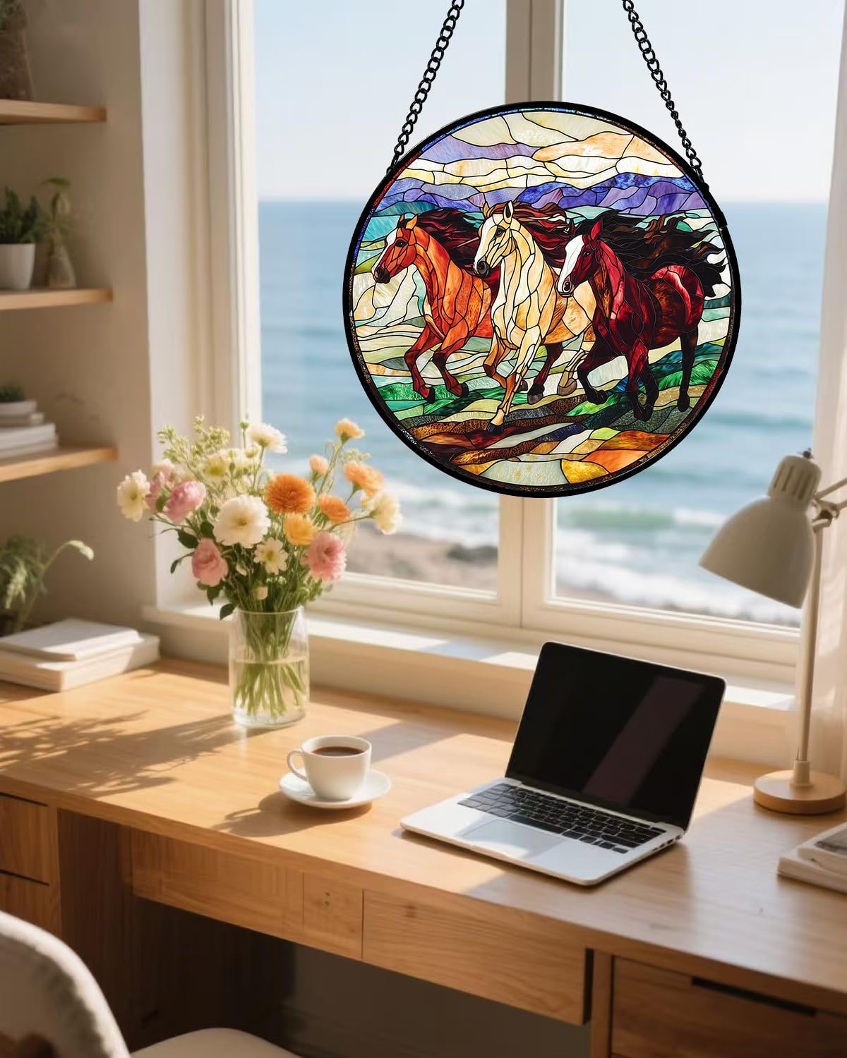 Thumbnail 1 de AMDERVEN 3 Horses Stained Glass Window Hanging, Red-Orange Suncatcher