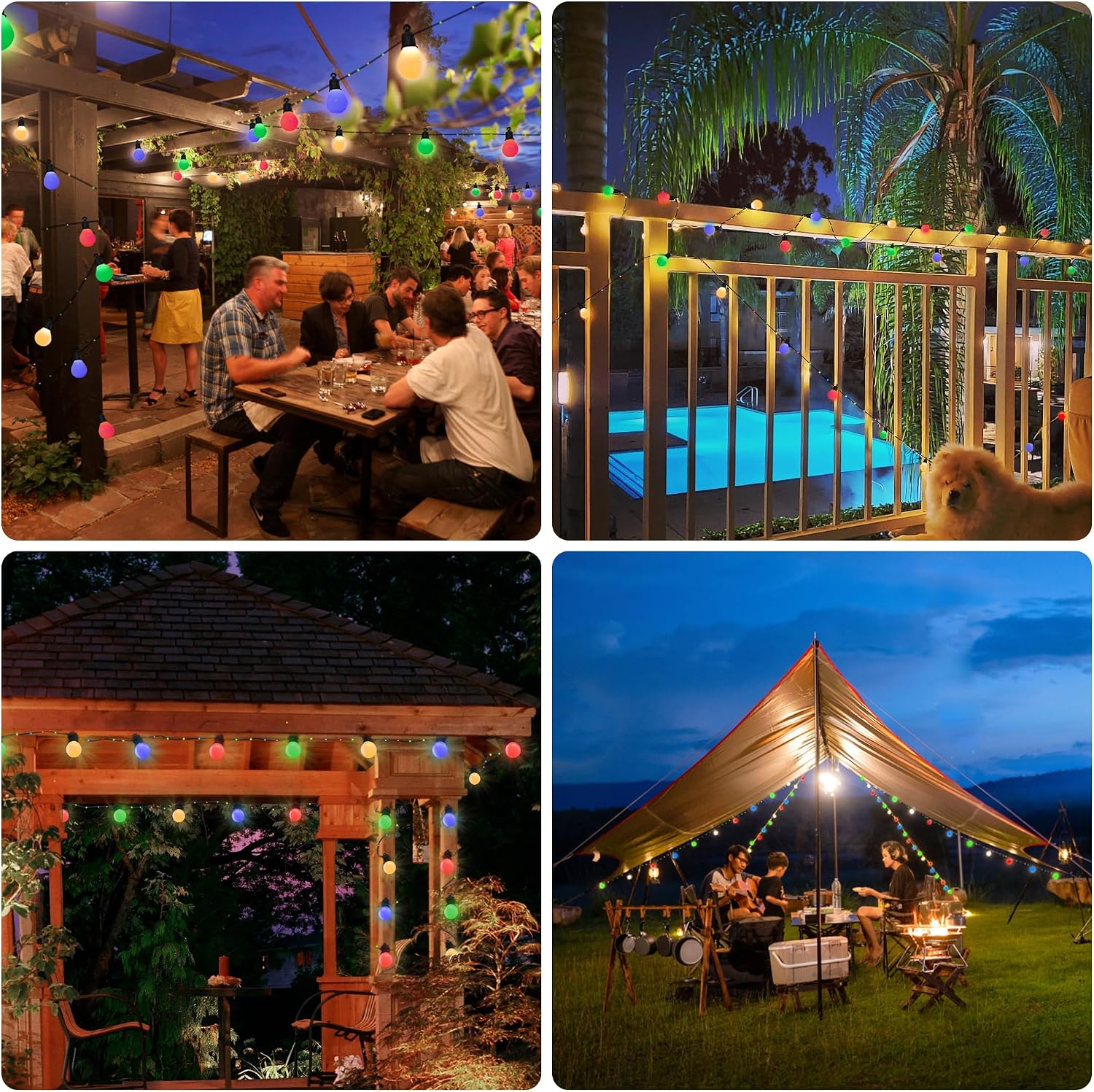 Thumbnail 6 de Tacobey Solar-Lichterkette Außen bunt mit 20 G40-Lampen – 10 m 100 LED, USB-ladbar, 8 Modi (IP65)
