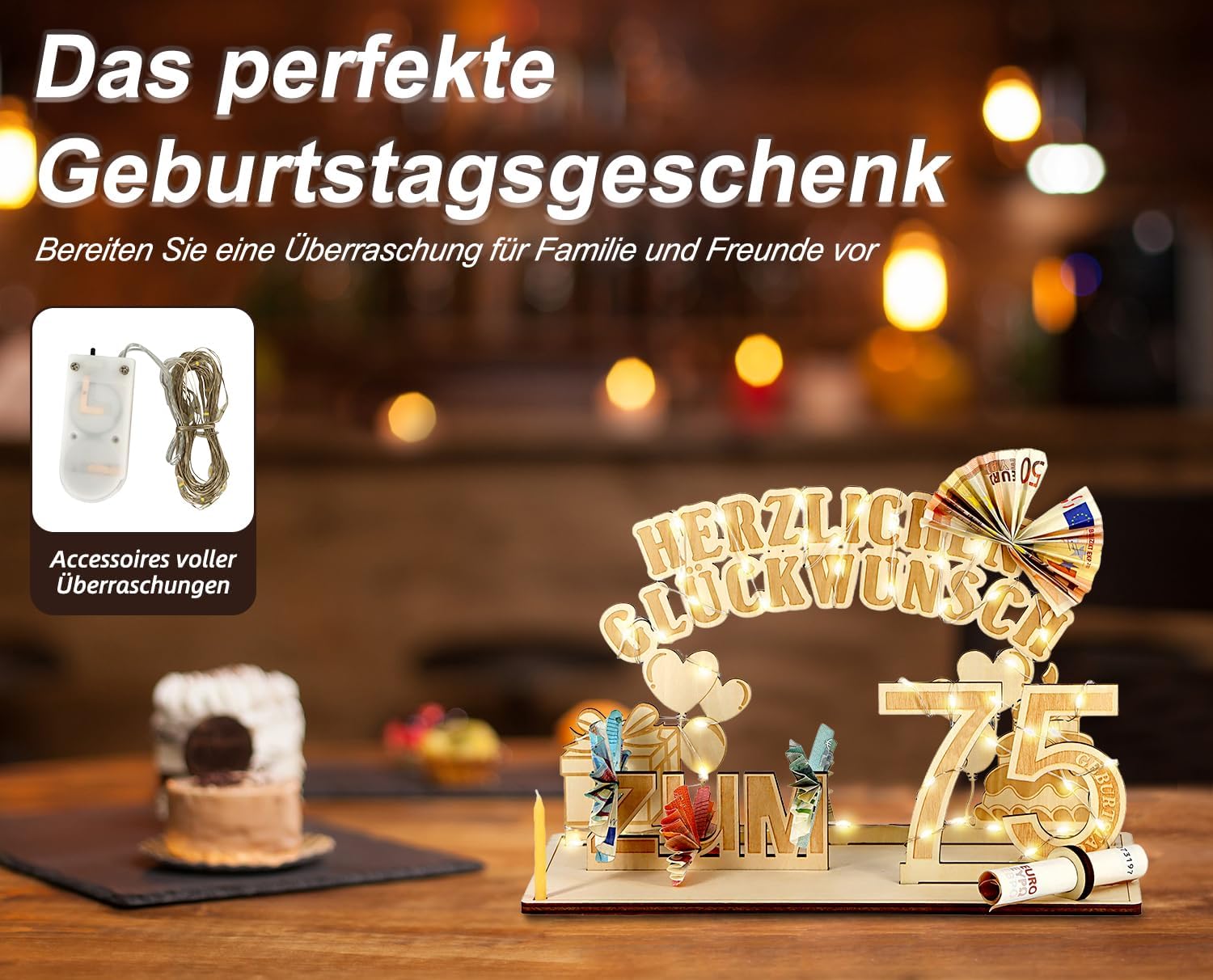 Thumbnail 3 de Giftota Original 75. Geburtstag Geldgeschenk aus Holz mit LED-Lichterkette – 3 m