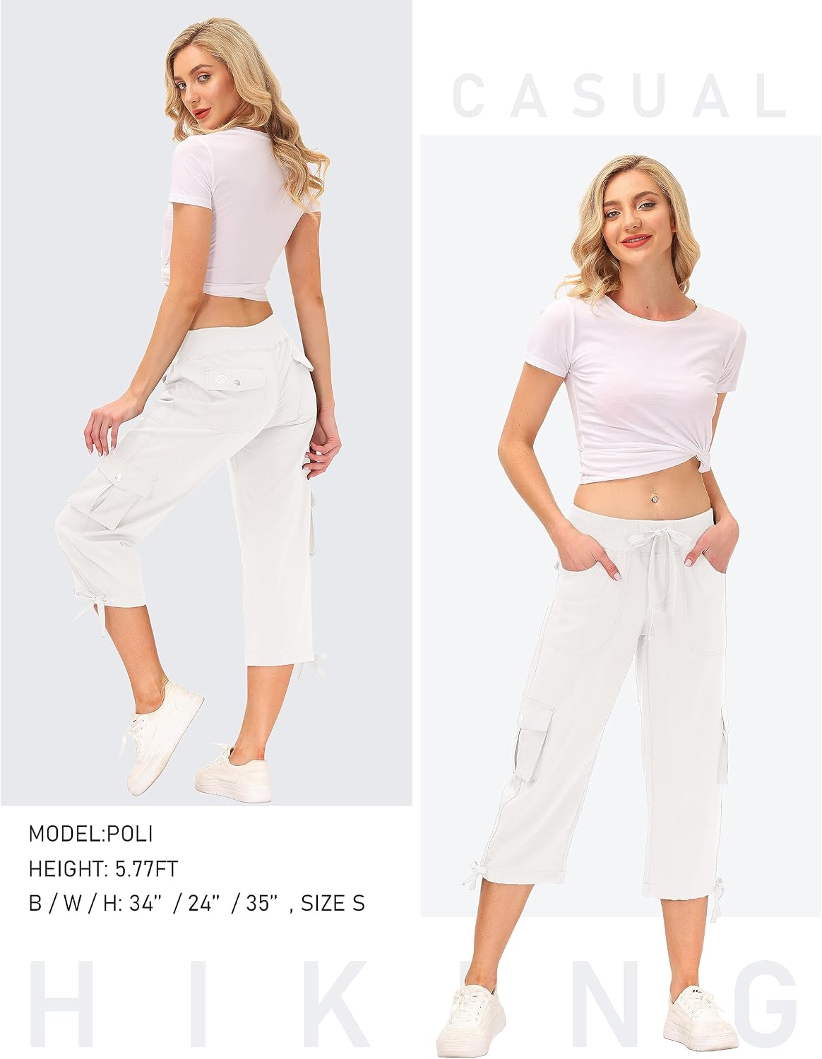 Detalle 2 de JINSHI Damen Sommer Cargohose 3/4 – Freizeithose mit Mehrfach-Taschen