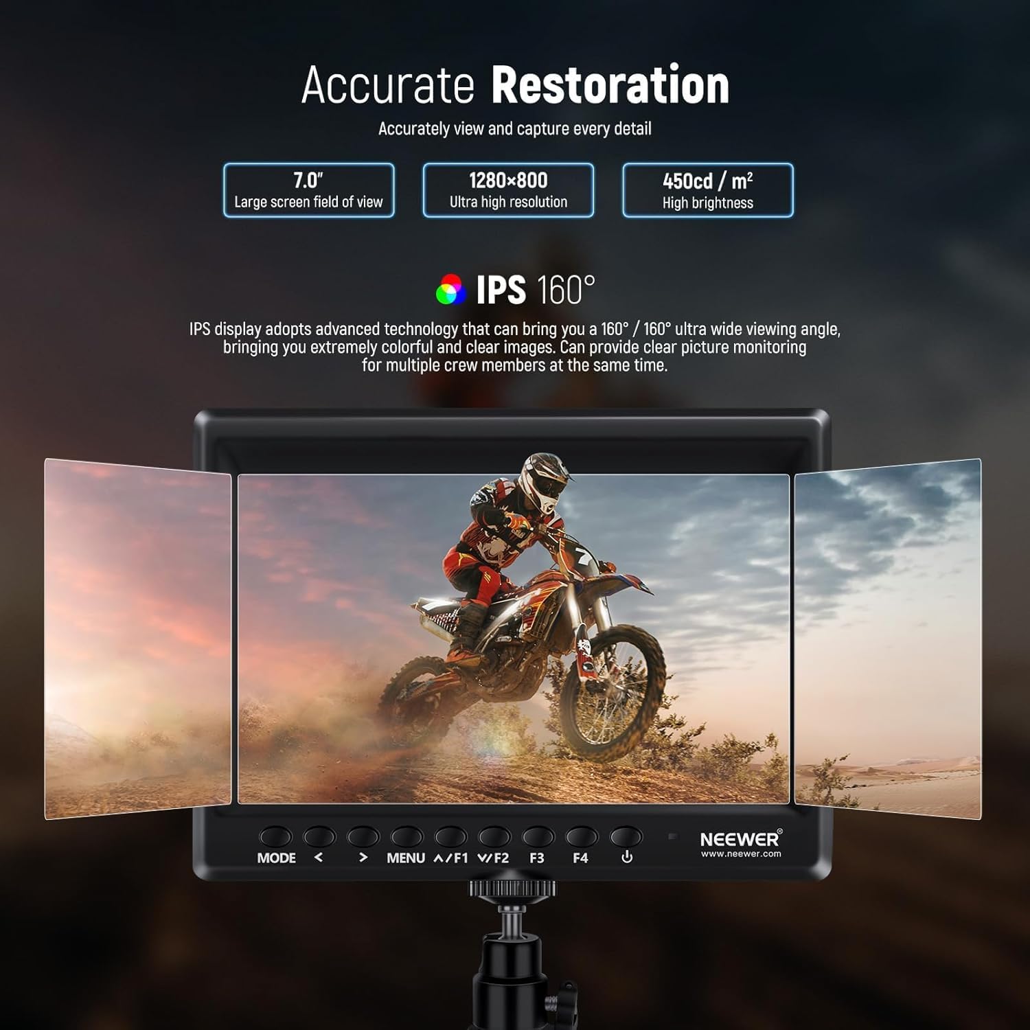Thumbnail 2 de NEEWER F100 7" Monitor da Campo per Fotocamera – HDMI 1080p, Batteria F750 e Testa Sfera 360°