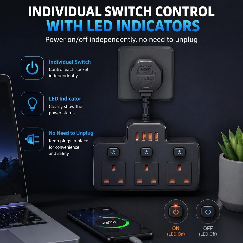Thumbnail 5 de Multi Plug Extension with Flexible Plug (3 Way, 3 USB, Individual Switched, Black)