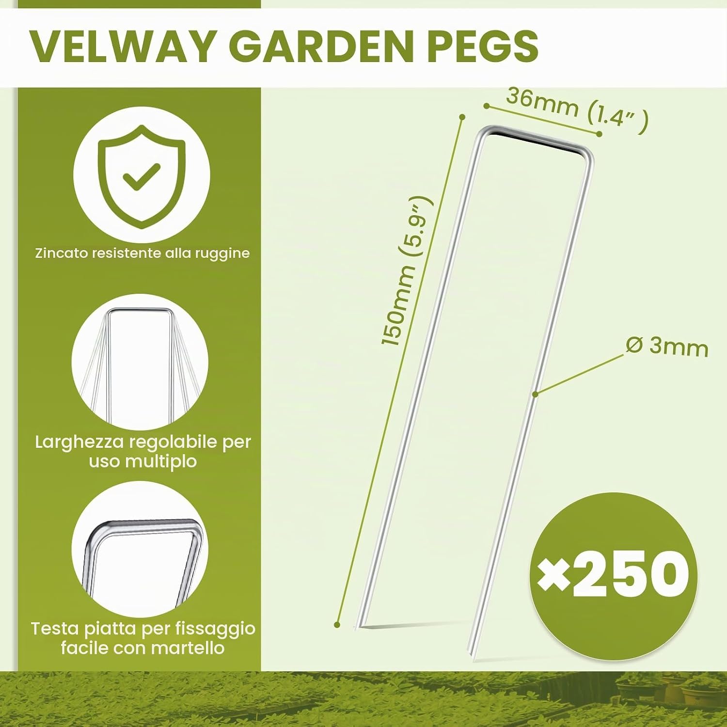 Detalle de Velway Set di 50 Picchetti per Telo Pacciamatura (150x36mm, Ø 3mm) in acciaio zincato – U a testa piatta, antiruggine