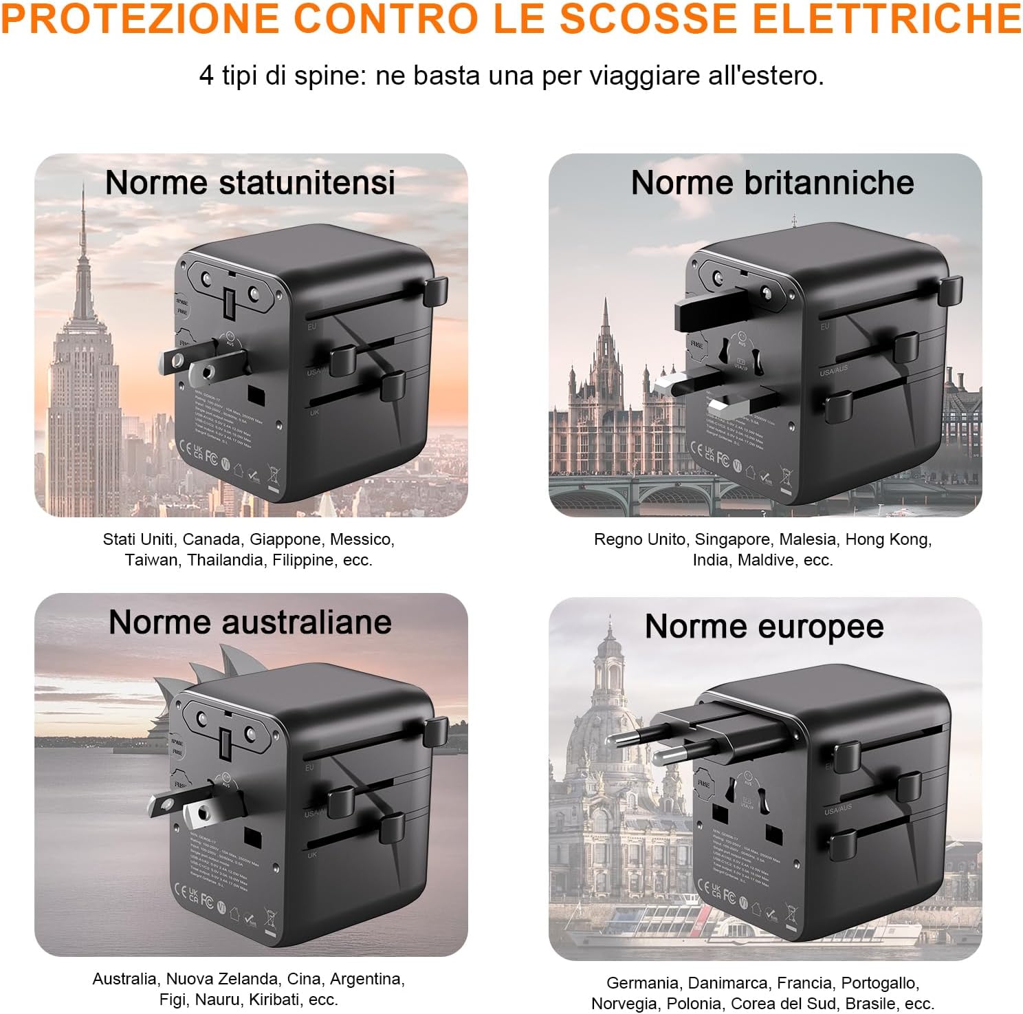 Thumbnail 4 de GRIFEMA Adattatore universale da viaggio 6 in 1: 2 USB-C, 2 USB-A e 2 prese AC per viaggiare in sicurezza