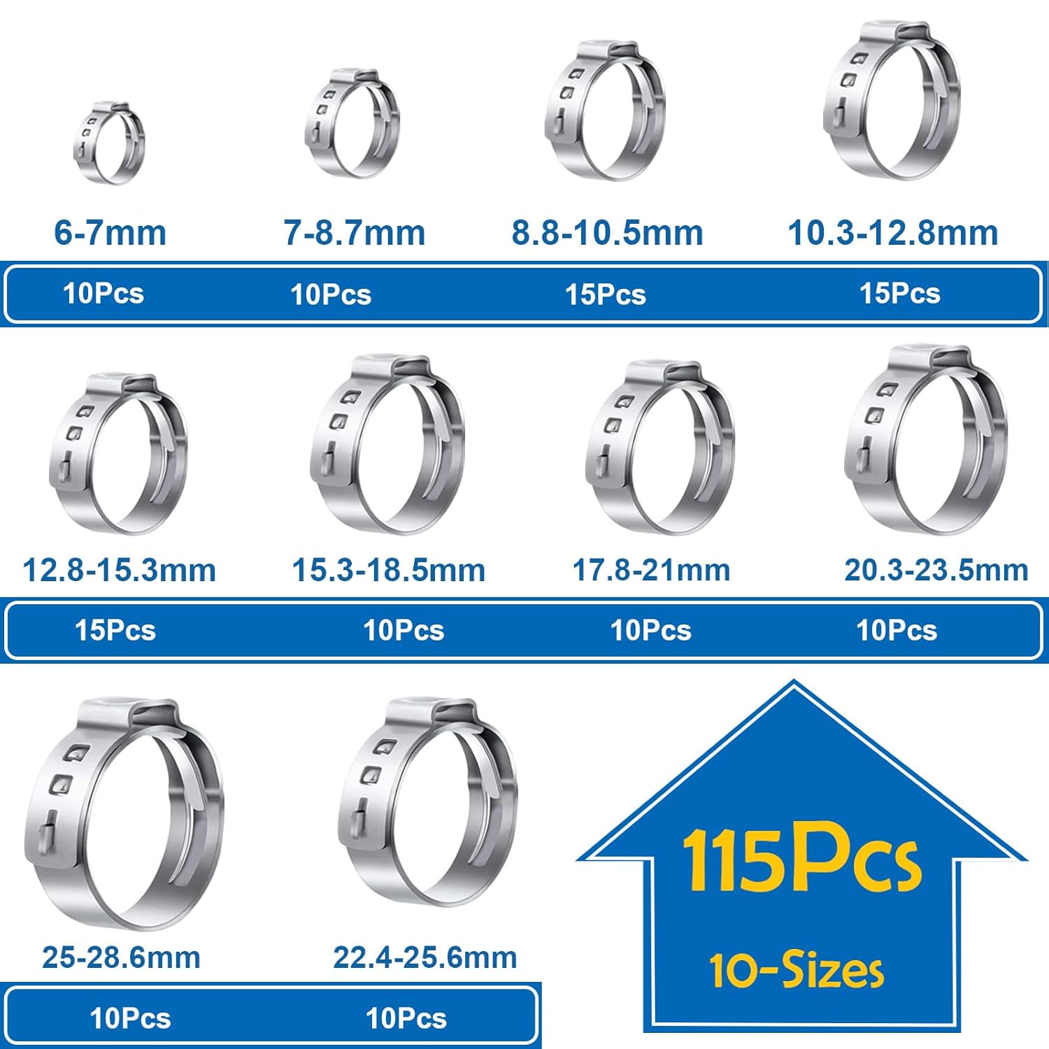 Thumbnail 1 de Seept 115Pcs 10-Sizes 304 Stainless Steel Single Ear Hose Clamps with Ear Clamp Pliers (6-28.6mm) - Crimp Hose Clamp Kit