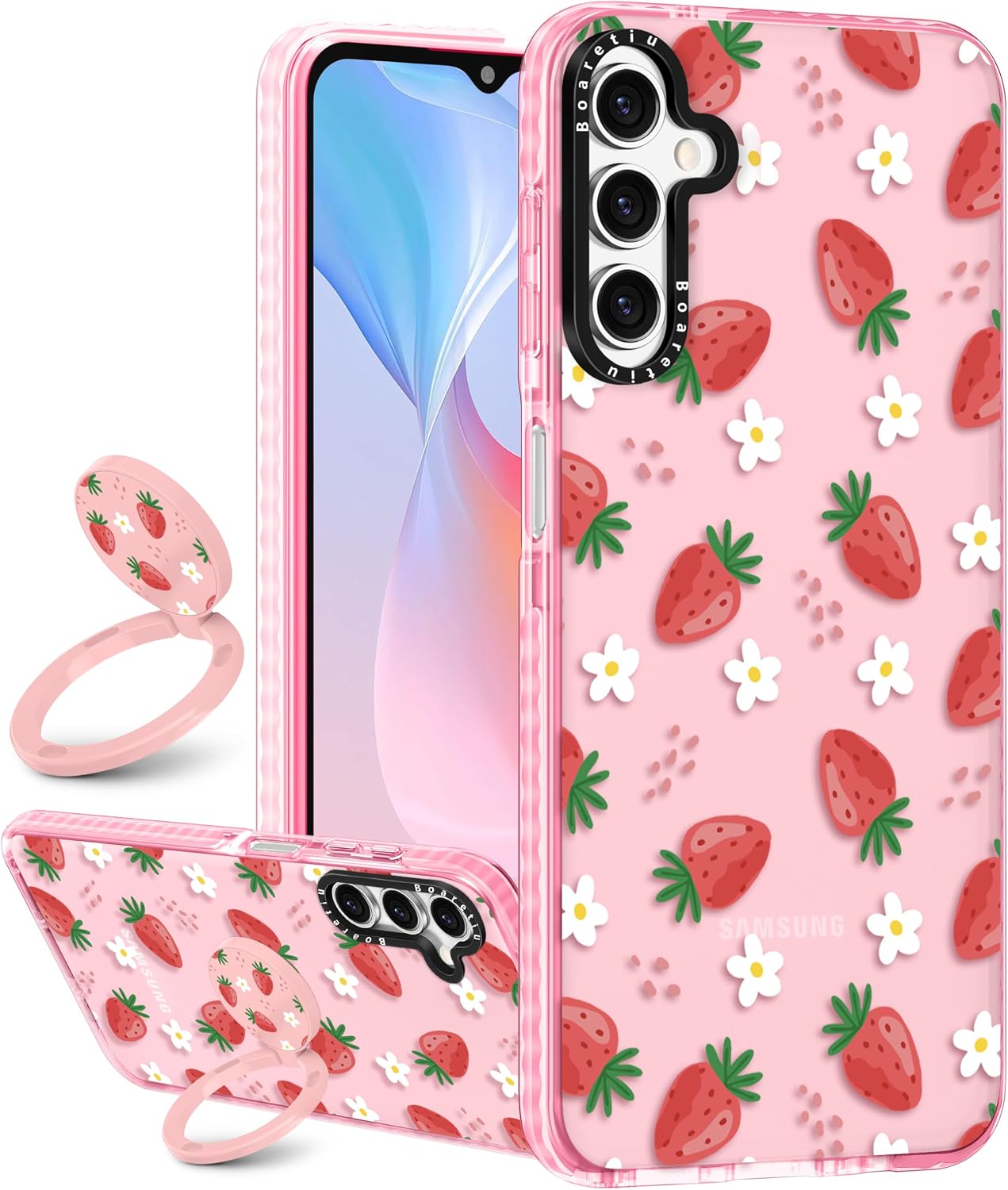 Detalle de Boaretiu Galaxy A14 5G Strawberry Case with 360° Ring Kickstand