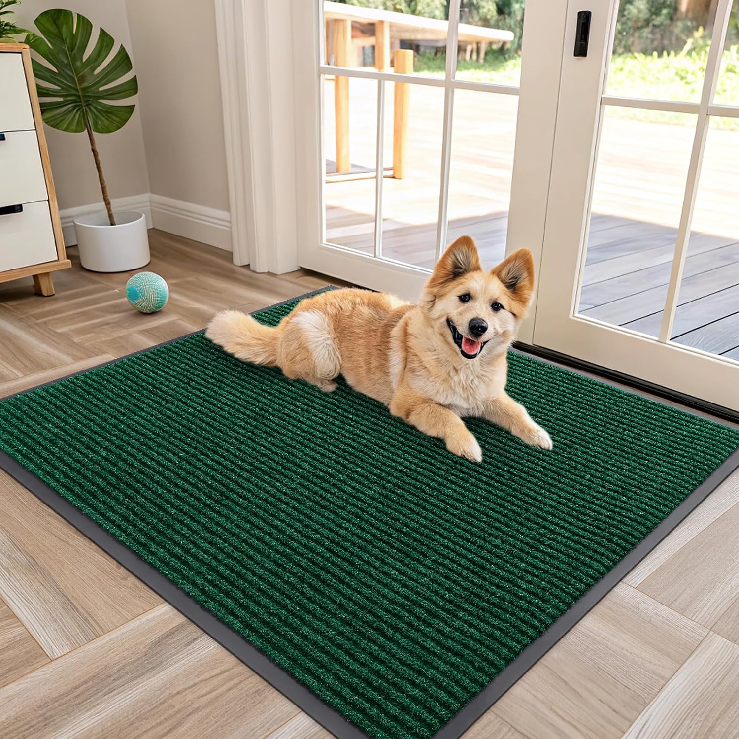 Detalle de OLANLY 40 x 32-Inch Front Door Mat, Low-Profile Polyester, Green Stripes