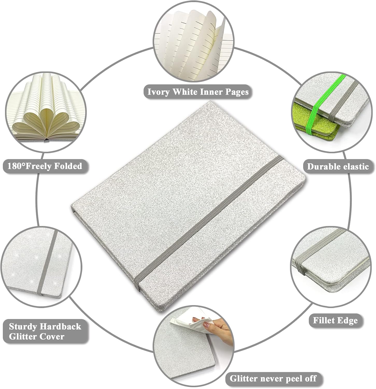 Detalle de GINMLYDA BD32 Silver Glitter A5 Notebook, 160 Lined Pages, Hardcover