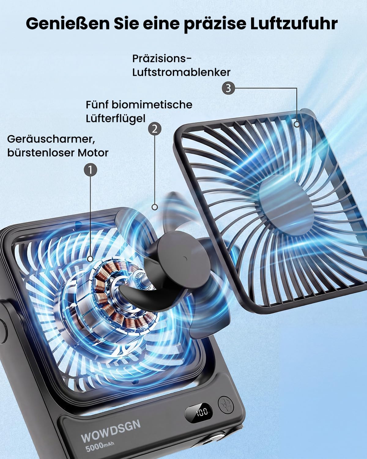 Detalle de WOWDSGN Tischventilator USB mit Starker Magnetbefestigung, 5000 mAh Akku, LED-Display und 4 Stufen – kompakt, flexibel und ideal für Camping, Wohnmobil und Büro