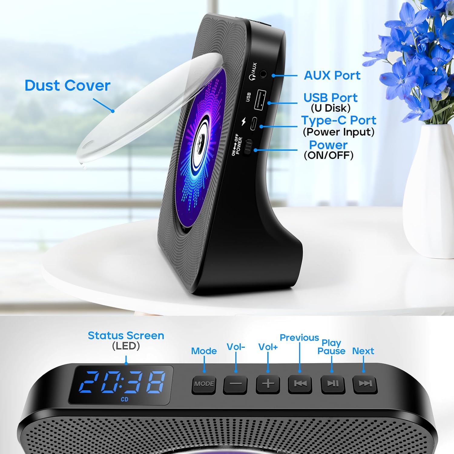 Detalle de ROADOM Desktop CD Player with Speakers (Bluetooth, FM Radio, USB, AUX) + Remote