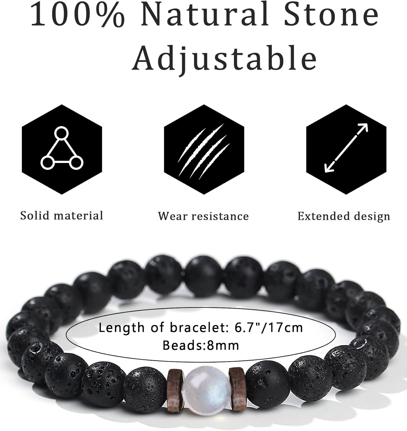 Thumbnail 3 de TOLOWOBK Moonstone & Lava Rock Sobriety Bracelet with 316L Wallet Card (10 Years Sober “One Day at a Time”)