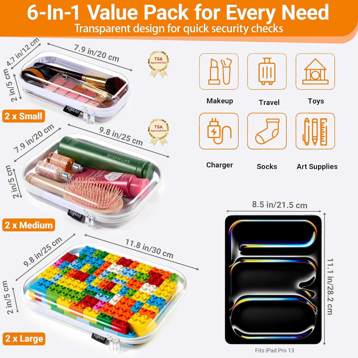 Thumbnail 3 de YQBRAO 6 Pack Clear Hard Shell Zipper Case | 1.2mm Ultra-Thick Multi-Size Organizer Set (2L/2M/2S) with YKK Zippers
