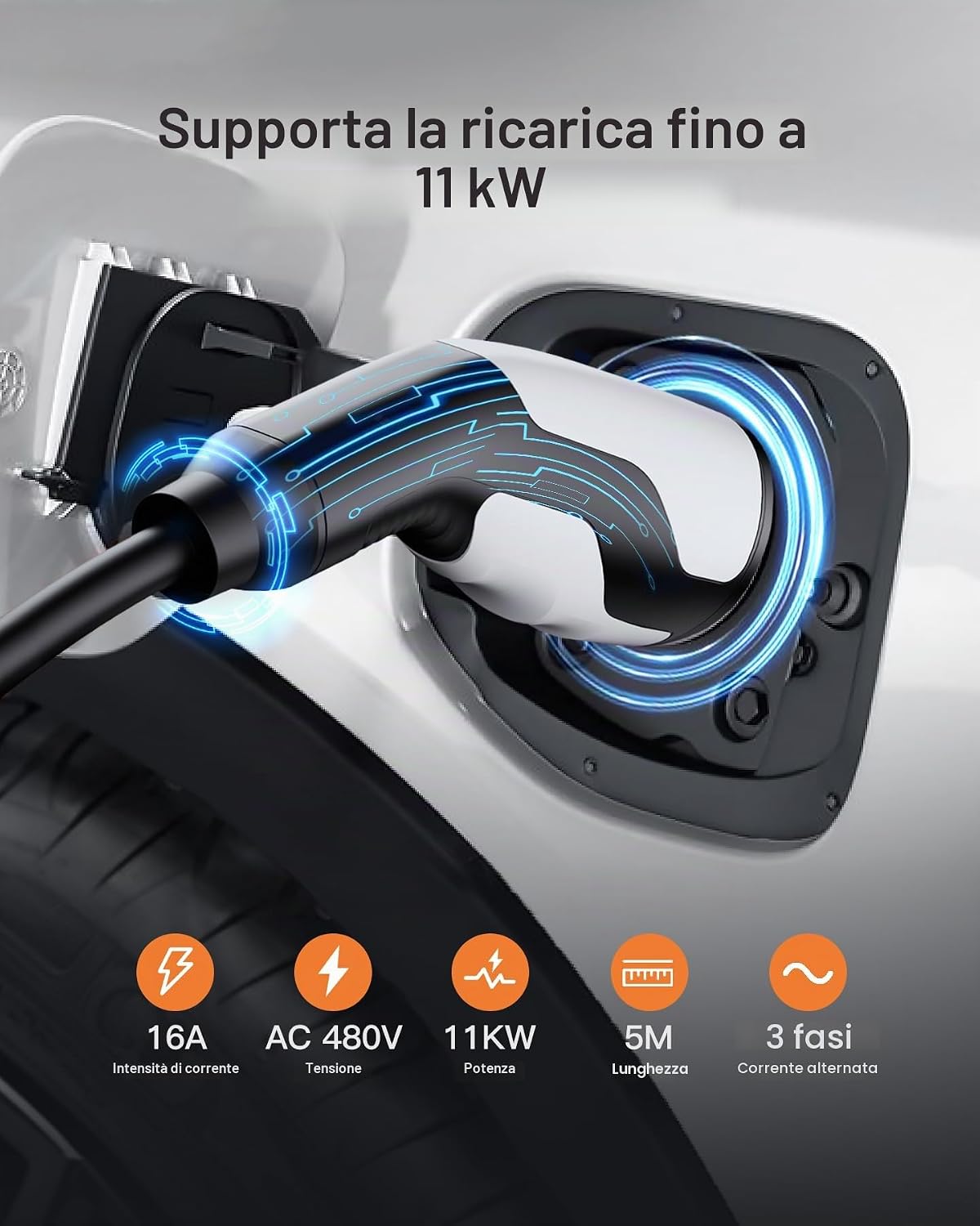 Detalle 2 de Tomons Cavo di Ricarica Rapida da Tipo 2 a Tipo 2, 11 kW / 5 m – Compatibile con Veicoli Elettrici e PHEV (IP55, TPU ignifugo)
