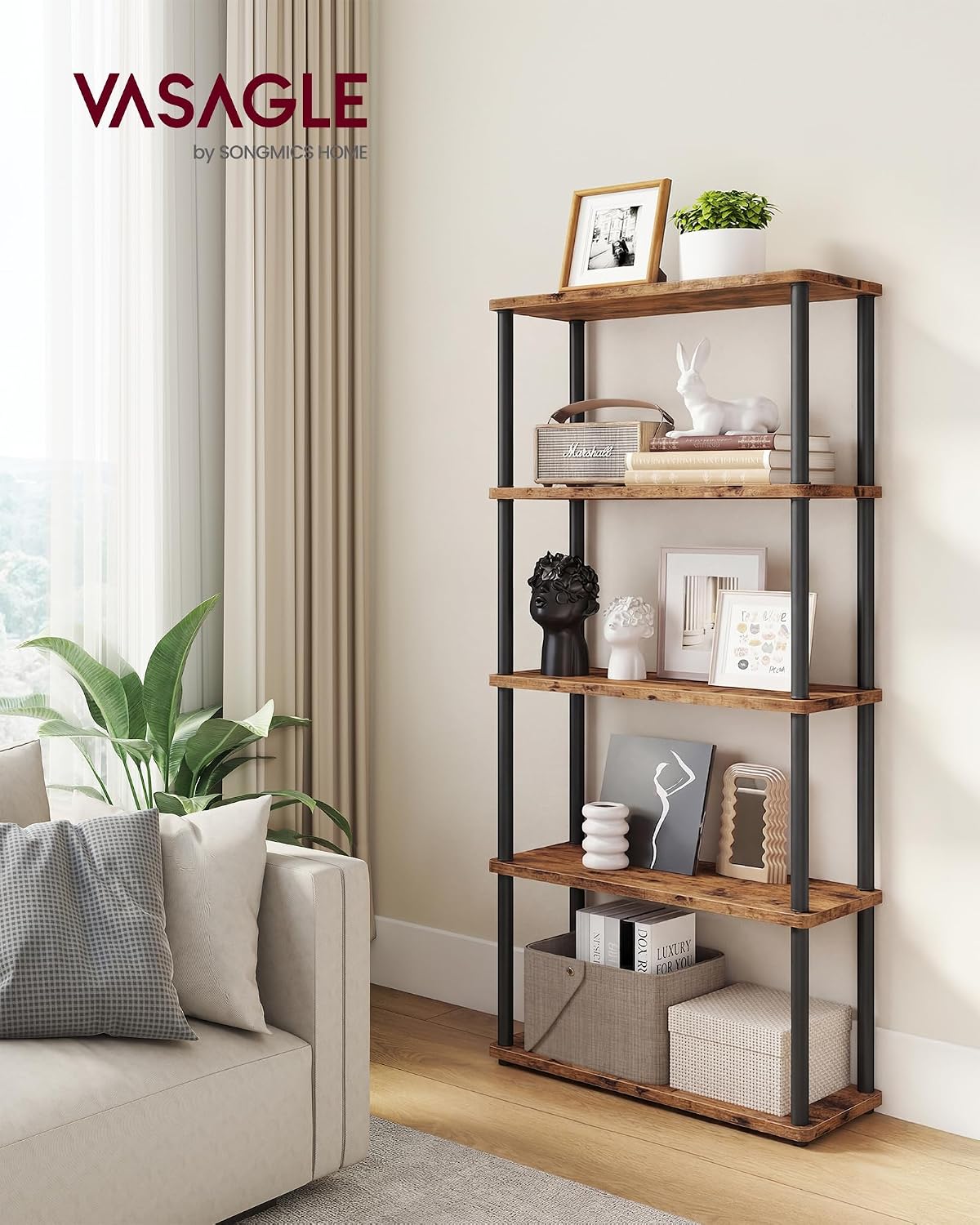Detalle 2 de VASAGLE LLS165K01 5-Tier Shelf, Tool-Free Assembly, Vintage Brown and Black